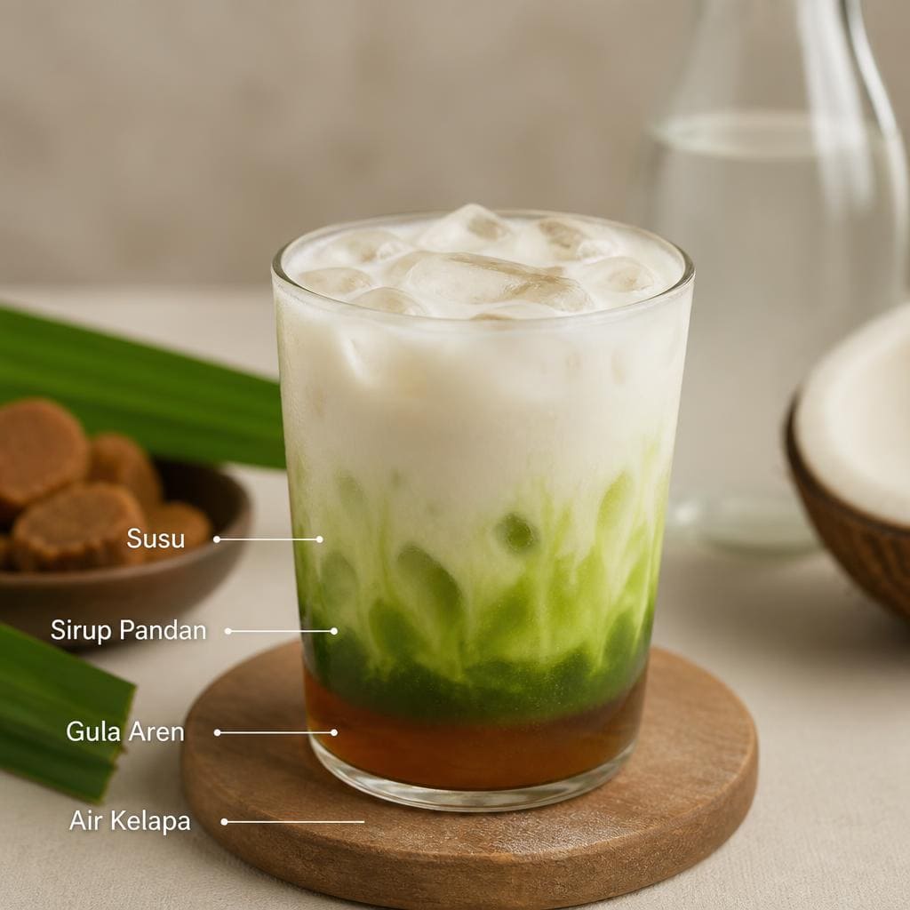 Klepon Latte Kopi Ruang Hati dengan susu gula aren sirup pandan dan air kelapa